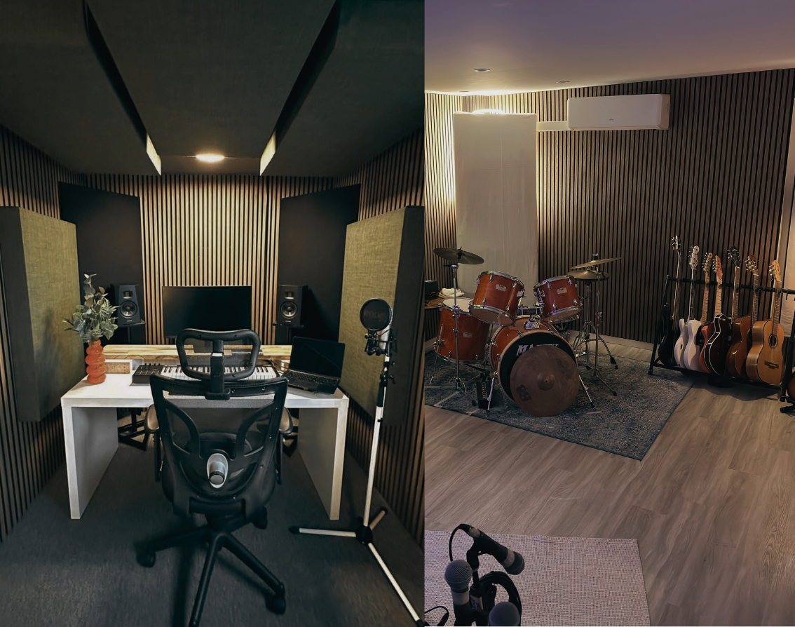 Mixrummet i Uppsala – akustiskt behandlad inspelningsstudio med produktionsrum, studiomonitorer, mikrofon och MIDI-keyboard till vänster, samt inspelningsrum med trumset, gitarrer, piano och övriga instrument till höger