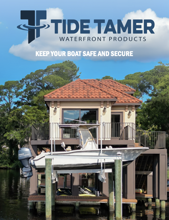 A house on stilts by the water with a boat on a boat lift in front and lush green trees in the background. The top of the image features the logo and text for Tide Tamer Waterfront Products, promoting boat safety.
