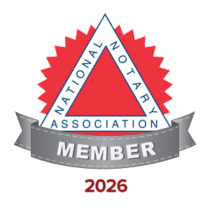 National Notary Association Member badge for 2026 with a red starburst background, a blue and white triangle, and a gray ribbon with the text 'Member'.