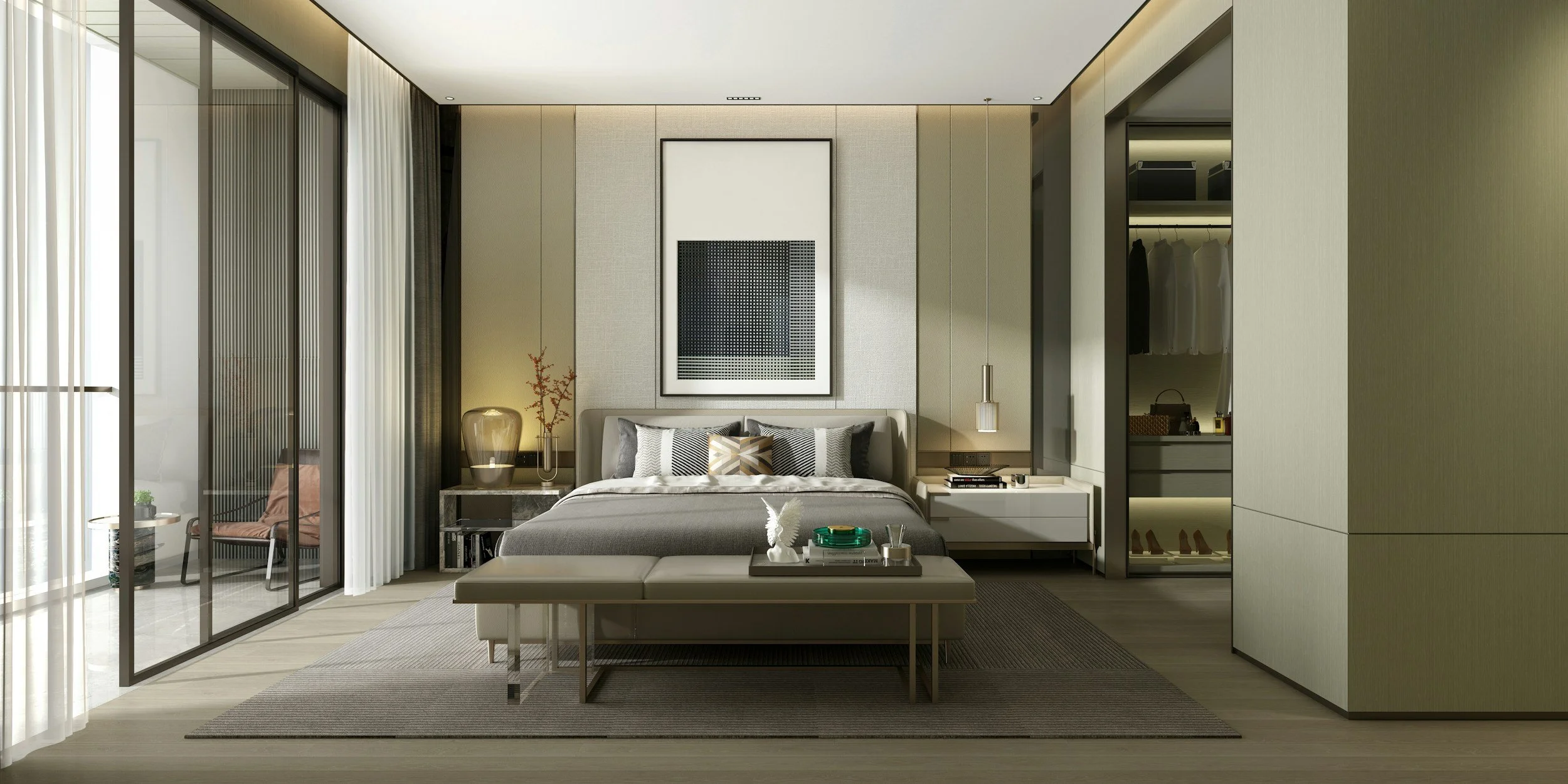 Modern bedroom with a bed, side tables, a bench, decorative pillows, artwork, a lamp, a glass vase with branches, a tray with a feather sculpture, and an open closet with clothes and shoes.