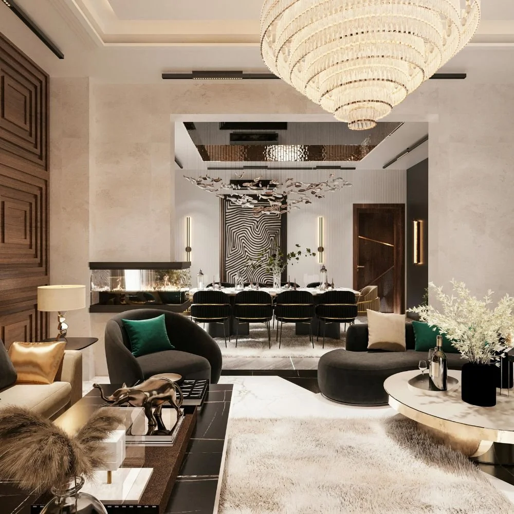 Elegant living room and dining area with modern decor, a large chandelier, and a zebra-patterned artwork on the back wall.