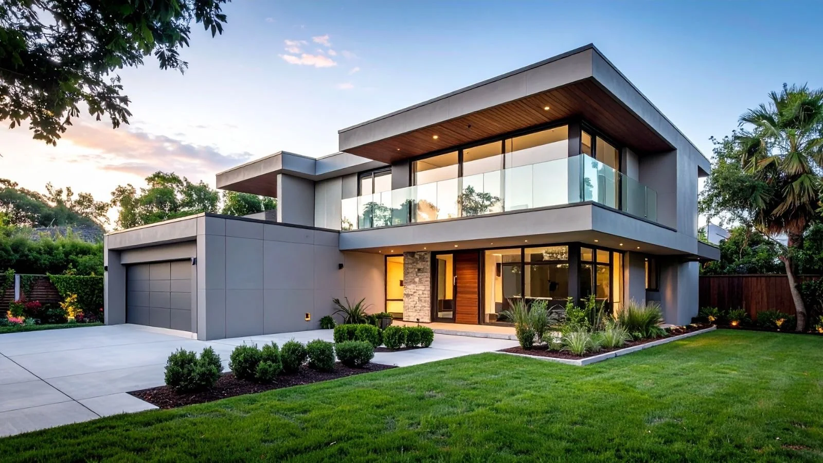 Modern two-story house with large glass windows and balcony, surrounded by a well-manicured lawn and garden, with trees and a clear sky in the background.
