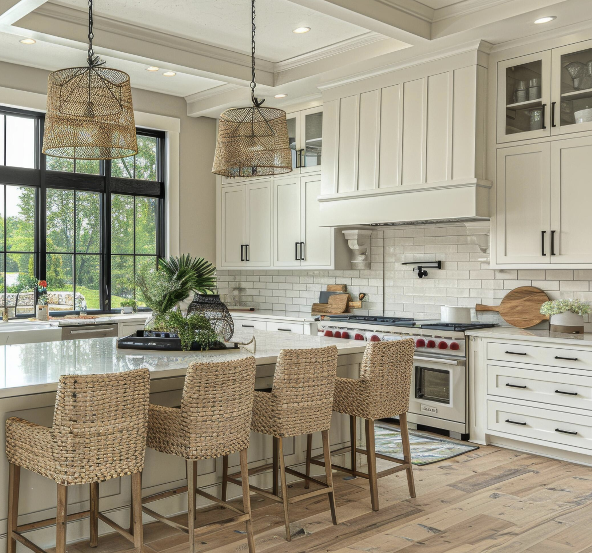 A bright, modern kitchen featuring white cabinets, a large window with greenery outside, woven pendant lights, a kitchen island with four woven chairs, and various kitchen essentials and decor.