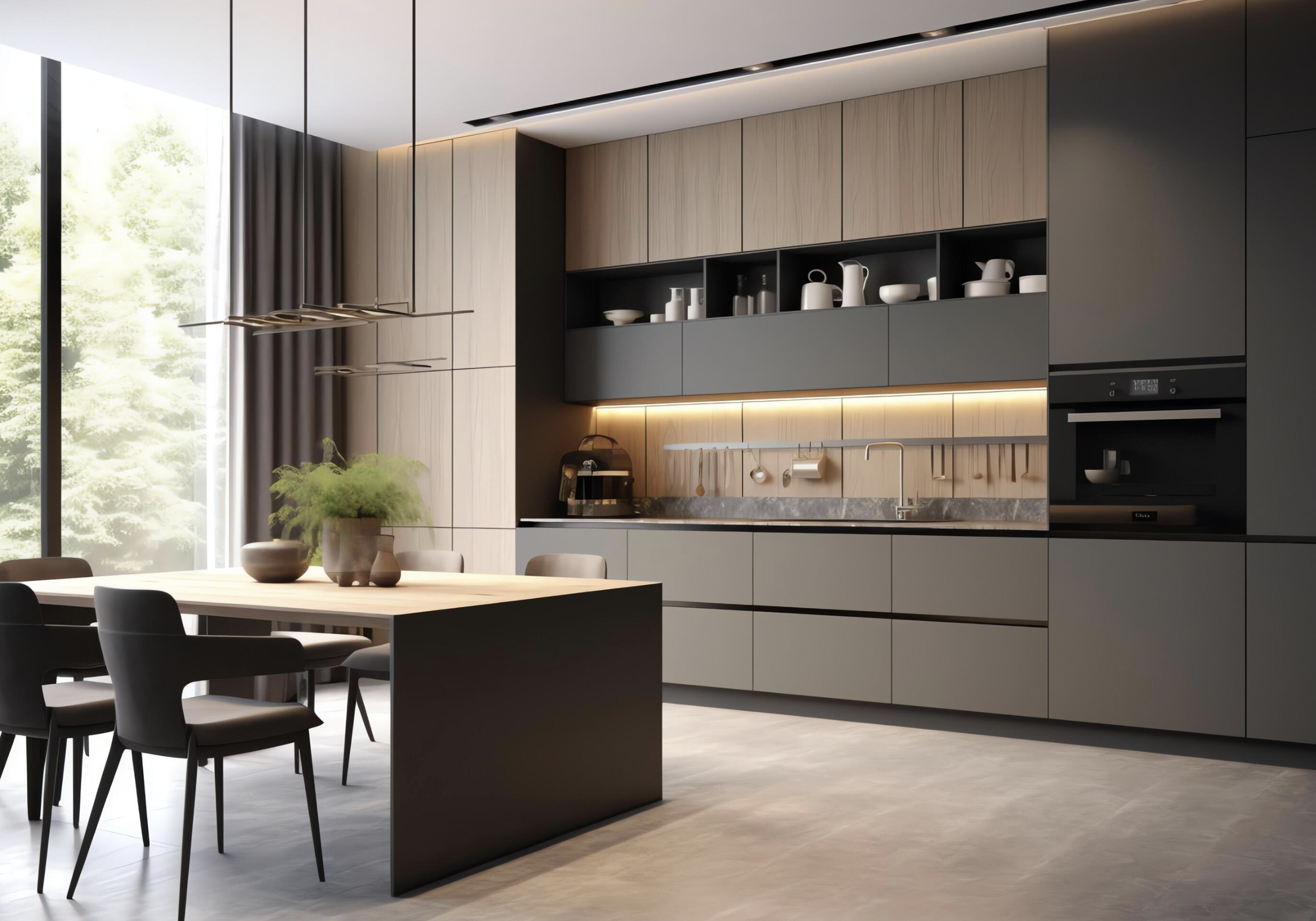 Modern kitchen with black and light wood cabinets, pendant lighting, and a dining table with black chairs, large windows with curtains, and minimal decorative items.