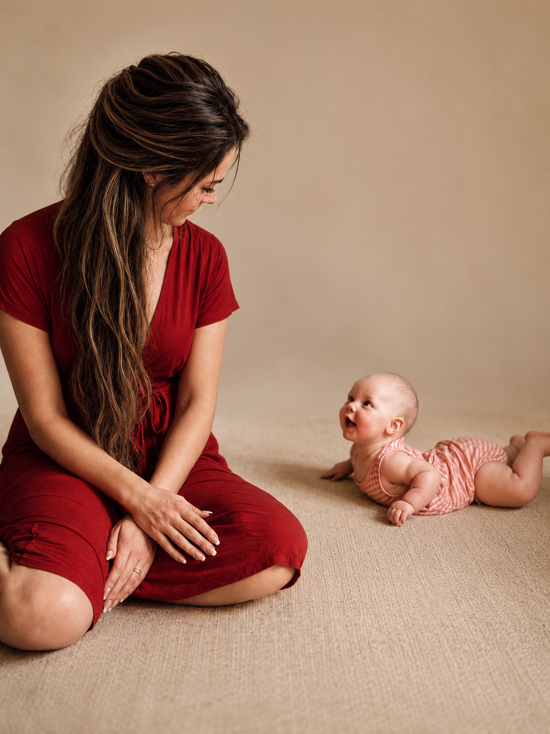 A woman in a red dress sitting on the floor, looking down at a baby lying on their stomach, who is looking up at her.