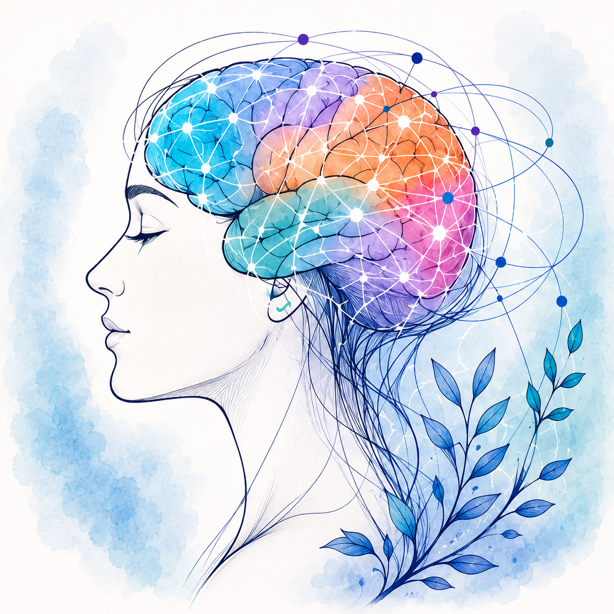A digital illustration of a woman's profile with her brain colored in sections of blue, purple, orange, and pink, overlaid with interconnected white nodes and lines, with blue leafy branches extending from her neck.