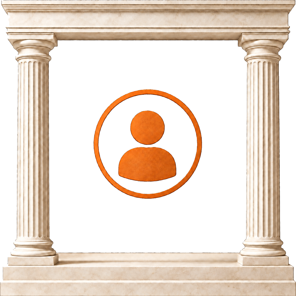 A decorative architectural frame with classical columns and a central icon of a person, used as a profile or user icon.