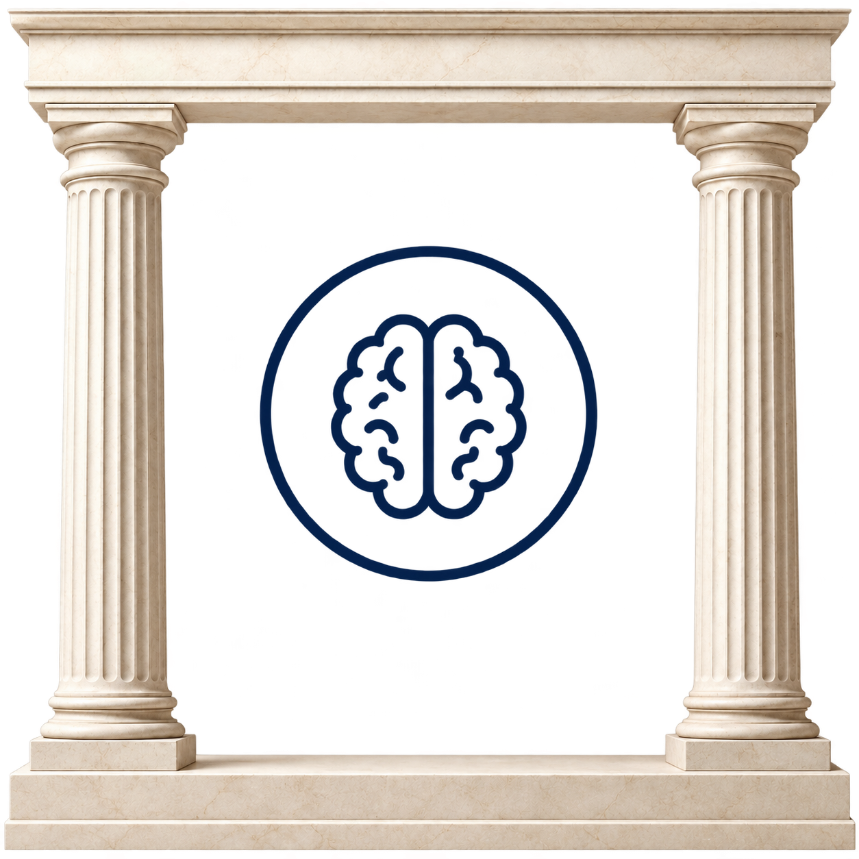 A digital illustration of a marble Greek-style doorway with columns and a tablet, featuring a blue line drawing of a human brain in a circle on a black background.