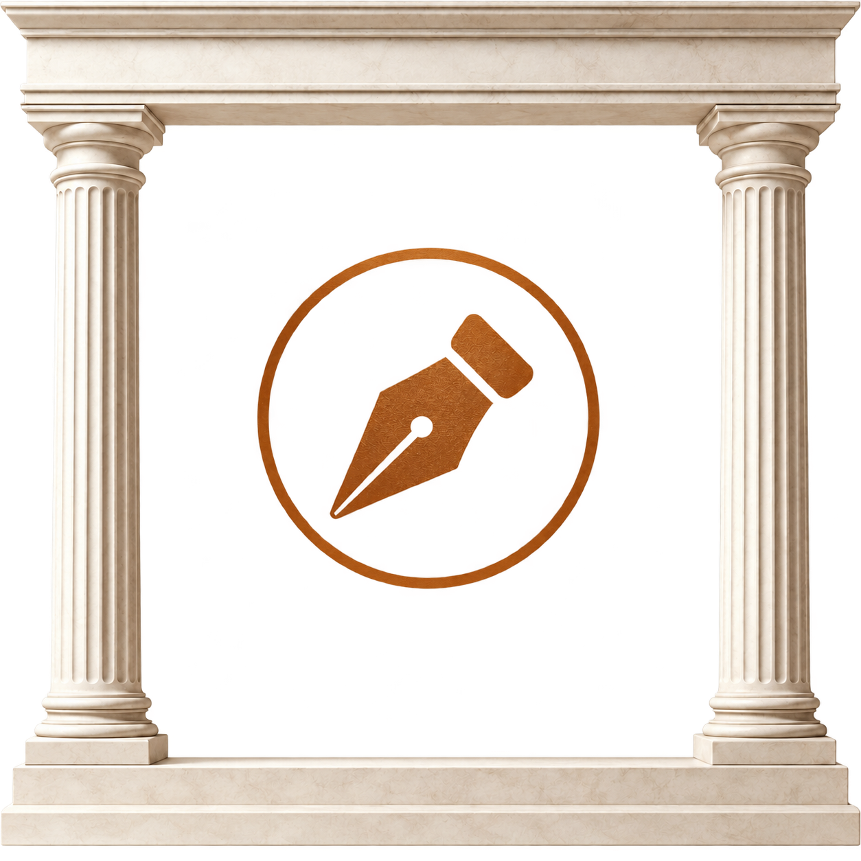 A classical-style stone archway with two fluted columns and a detailed entablature, framing a red background with a clock face showing a fountain pen nib as a clock hand.