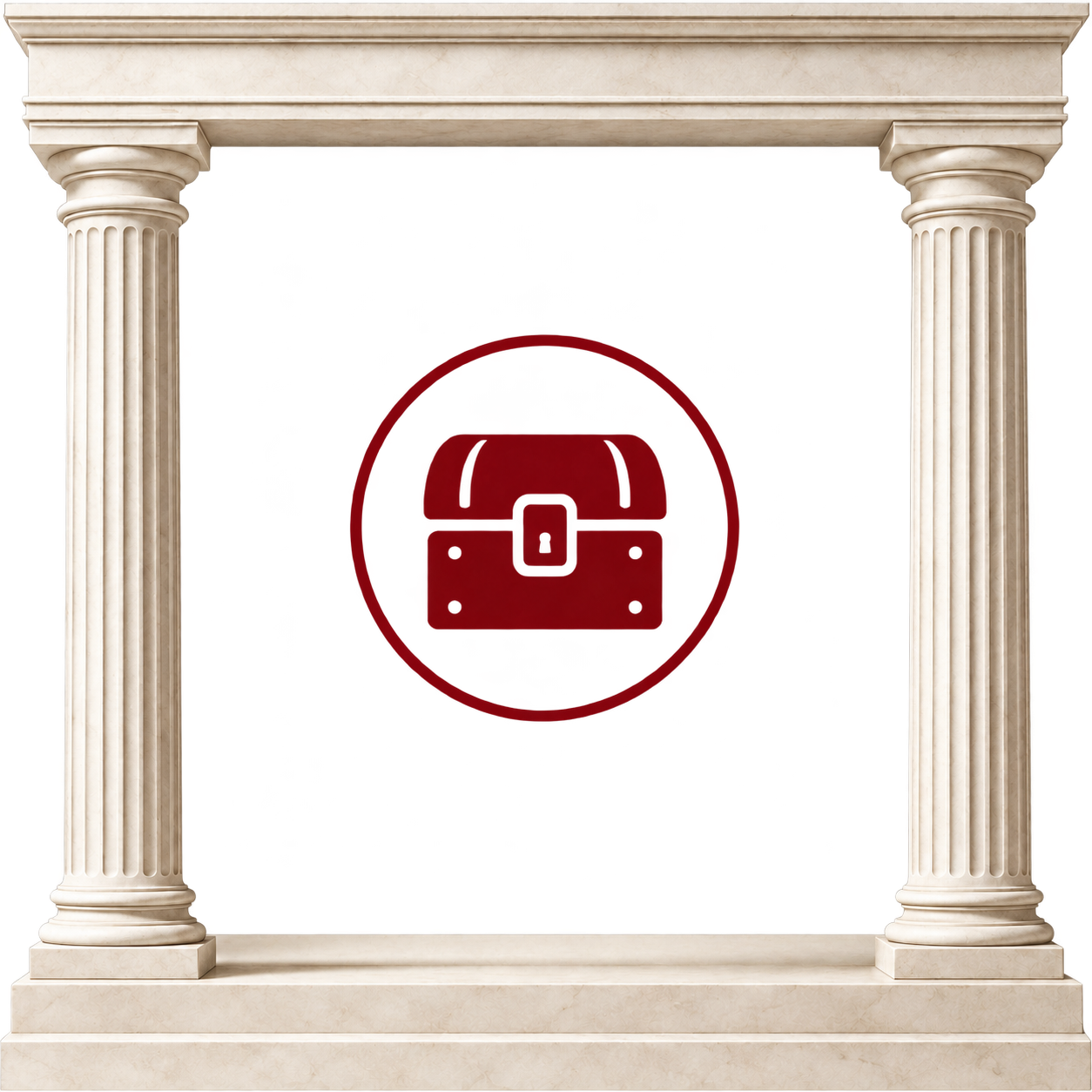 A decorative scene with two classical columns and a entablature, framing a digital art background featuring the red death star from Star Wars with a black and red gradient backdrop.