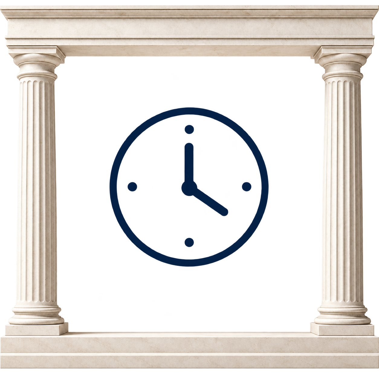 A clock showing 3:00, framed by a decorative white marble column and pedestal.