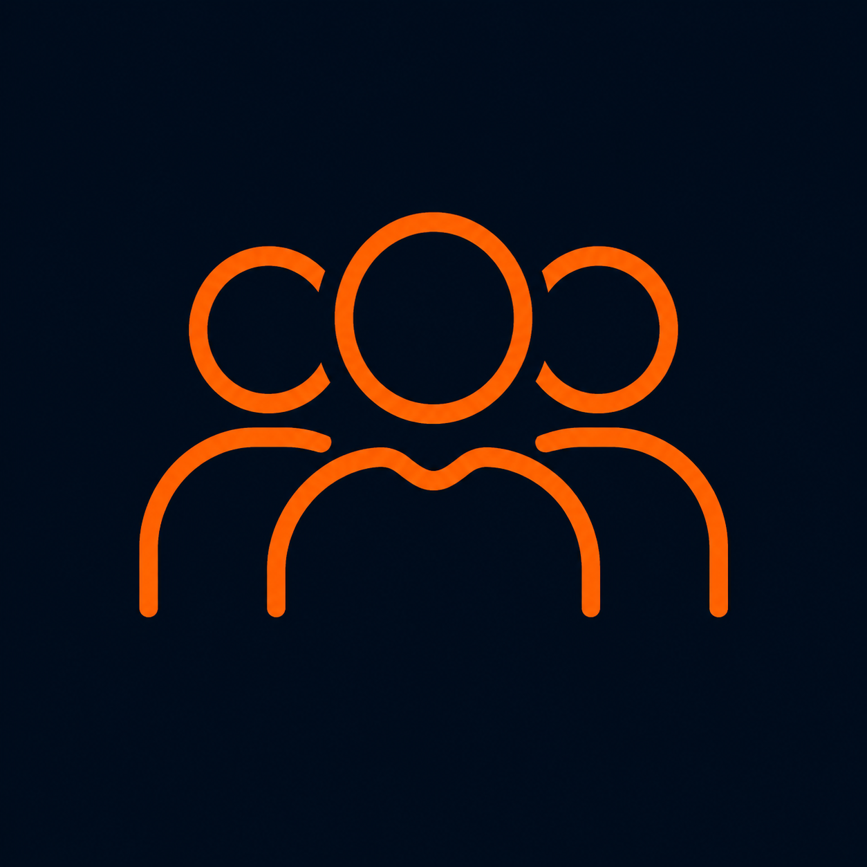 Neon orange icon of three people on a dark background.
