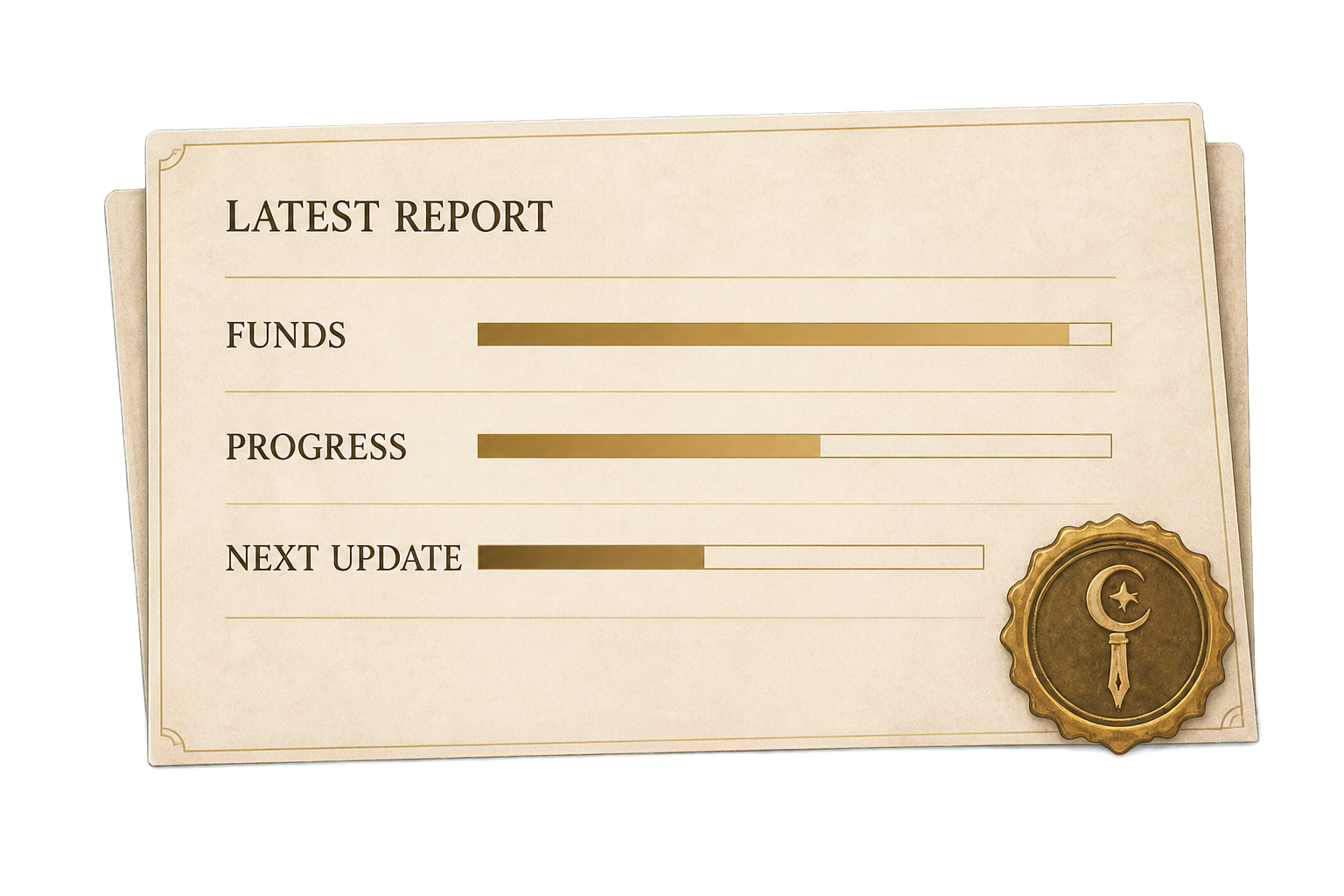 A financial report with progress bars for funds, progress, and next update, and a gold seal with a crescent moon and star symbol.