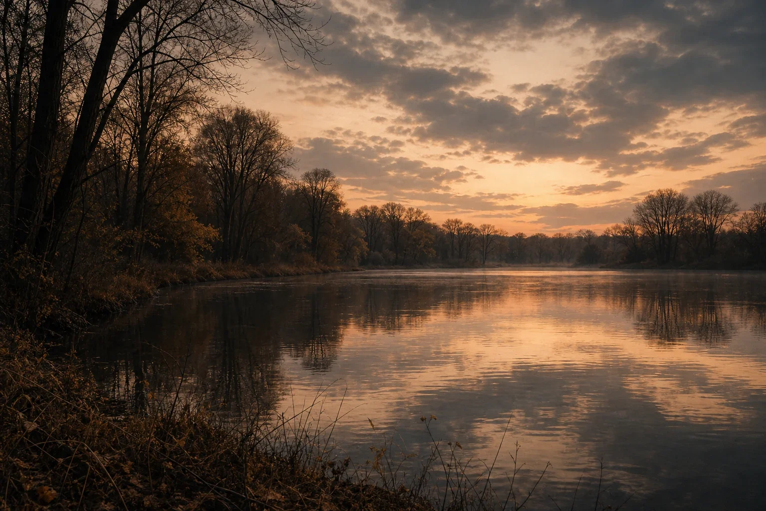 Sunset over a calm river with trees on both banks, partly cloudy sky, and reflections in the water.
