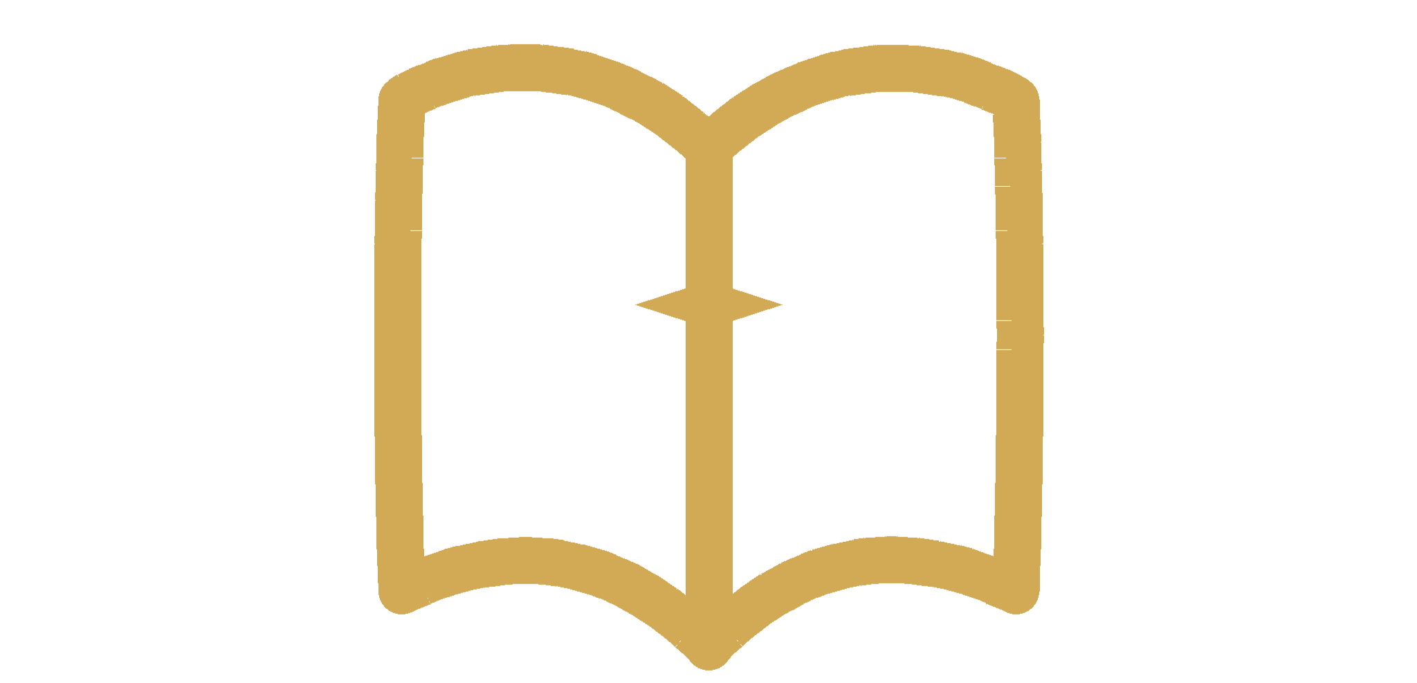 Gold outline of an open book with a bookmark shape in the center.