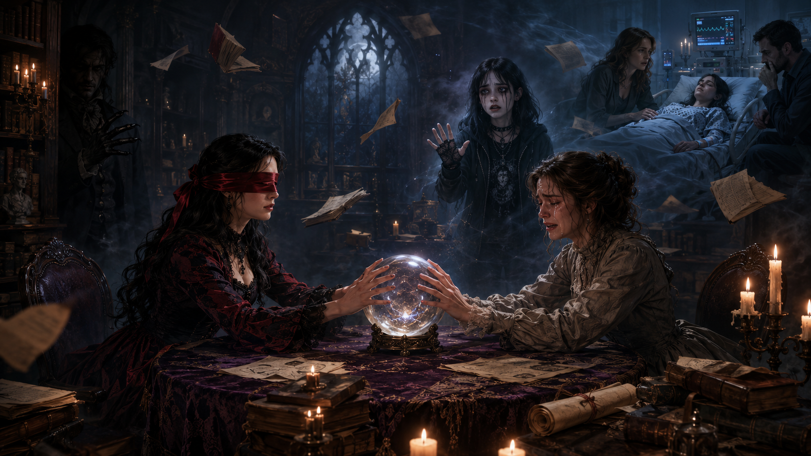 Two women with dark hair sit across from each other at a table covered with old books and papers, holding a glowing crystal ball. One woman is blindfolded and dressed in dark red, the other is crying and wearing beige. A ghostly figure with dark hair