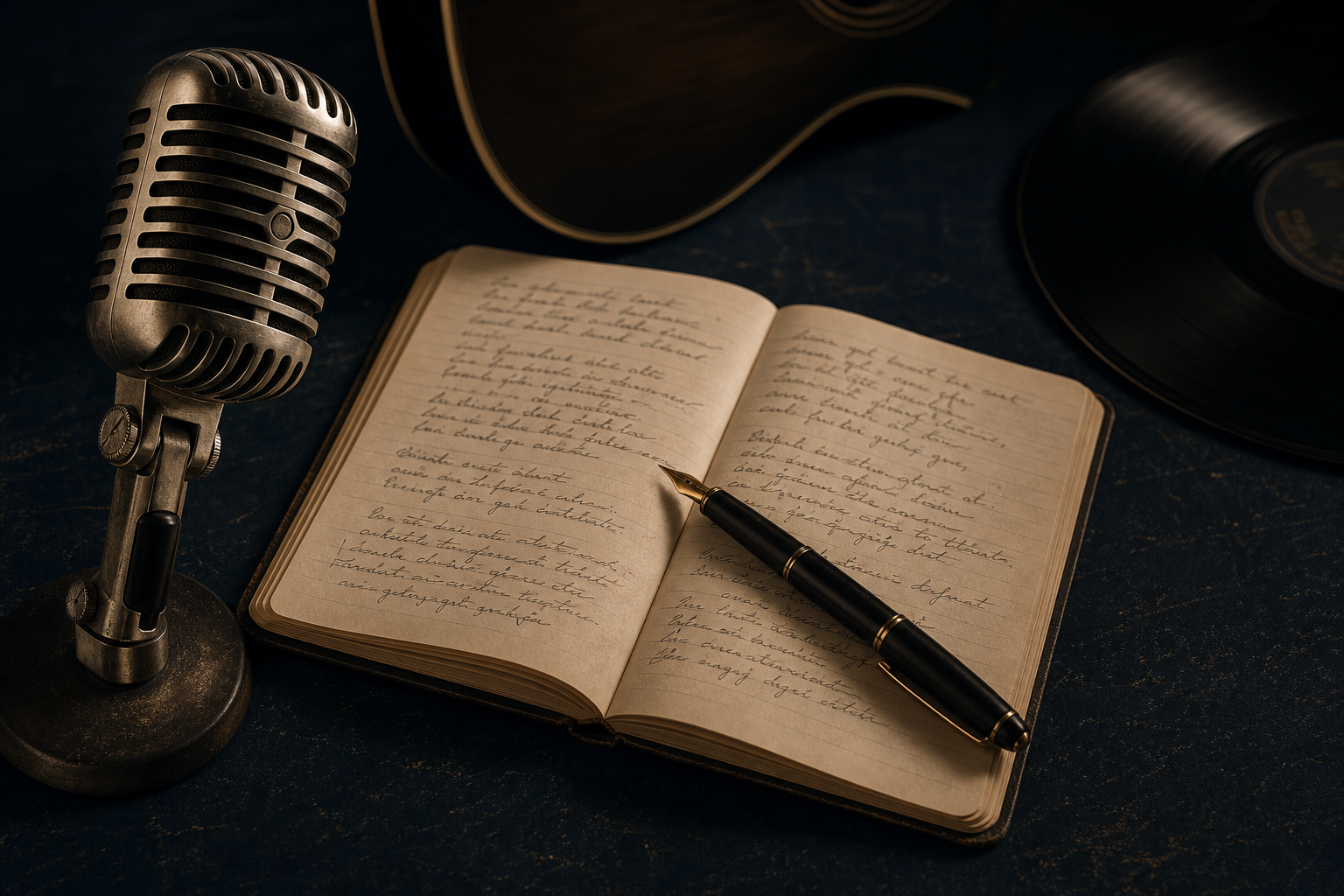 A vintage microphone, an open handwritten notebook with a fountain pen on the right page, and vinyl records in the background, arranged on a dark surface.