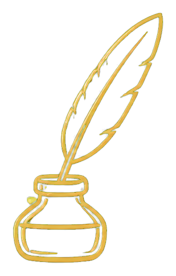 Neon yellow outline of a feather quill in an inkwell on a black background.