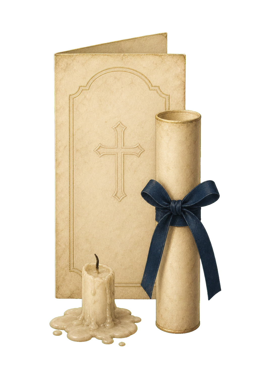 A religious-themed gift set including a scroll with a cross, a decorated candle with wax drippings, and a rolled parchment tied with a dark blue ribbon, all set against a black background.