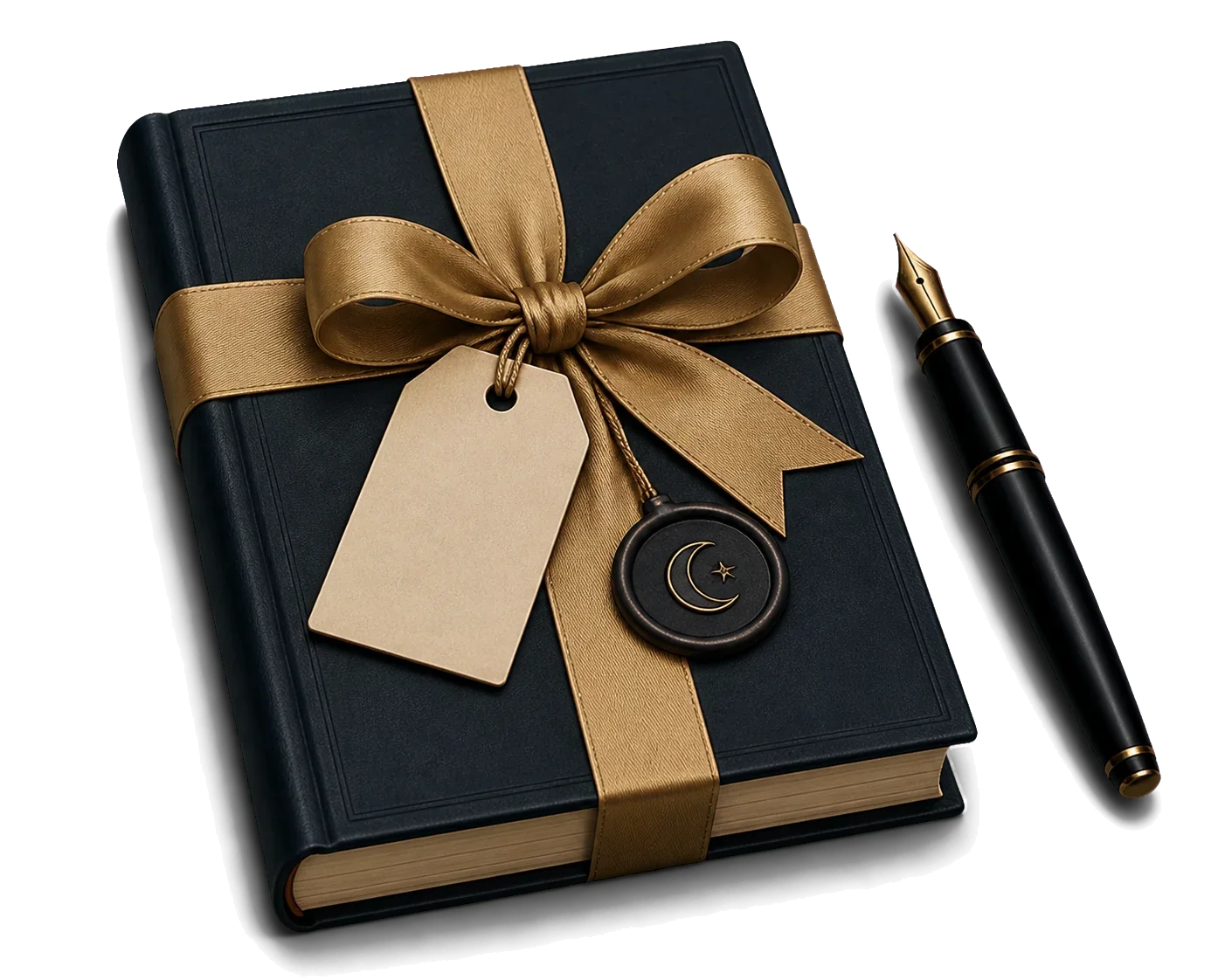 A wrapped gift with a gold ribbon, a black hardcover book with gold edges, a blank tag, a black and gold fountain pen, and a circular keychain with moon and star symbols.