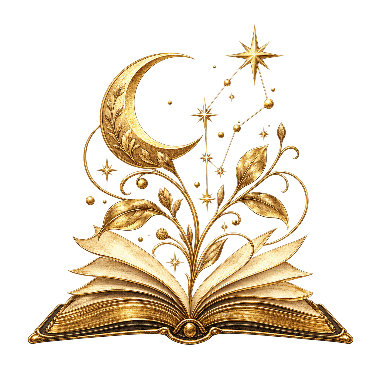 An ornate gold open book with a crescent moon, stars, and floral designs emerging from the pages.