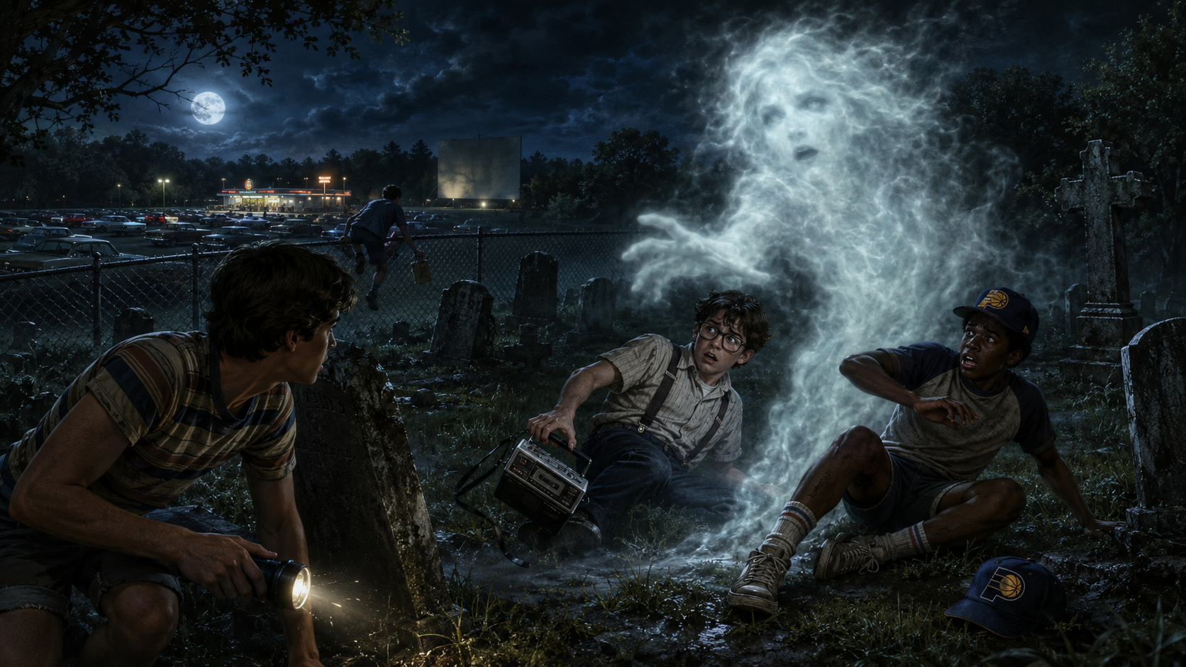 Four boys in a graveyard at night, with a ghostly figure of a girl made of smoke or mist emerging behind them. One boy shines a flashlight, another holds a boombox, and a third wears a sports cap. In the background, a boy runs with a snack. The scene