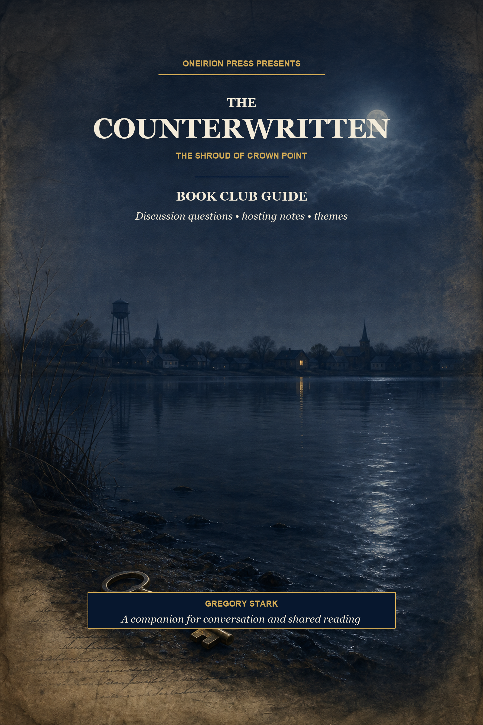 Book cover titled 'The Counterwritten: The Shroud of Crown Point', a book club guide by Gregory Stark, featuring a nighttime landscape with a body of water, houses, a moon, and a water tower.