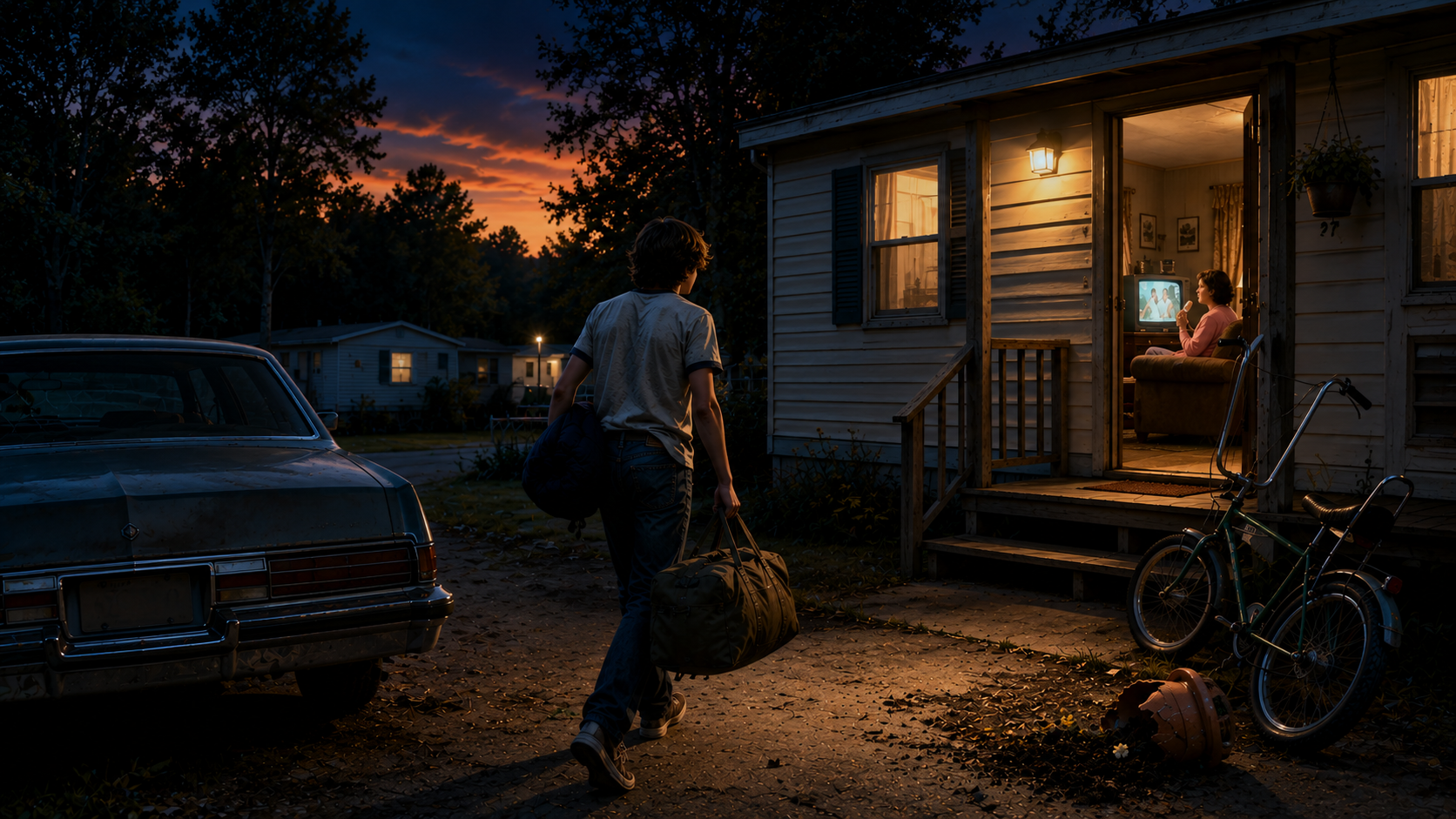A young man carrying duffel bags walking towards a house at sunset. Inside the house, a woman is sitting on a sofa watching TV. The house is lit with warm light, and there is a bicycle and a potted plant outside.