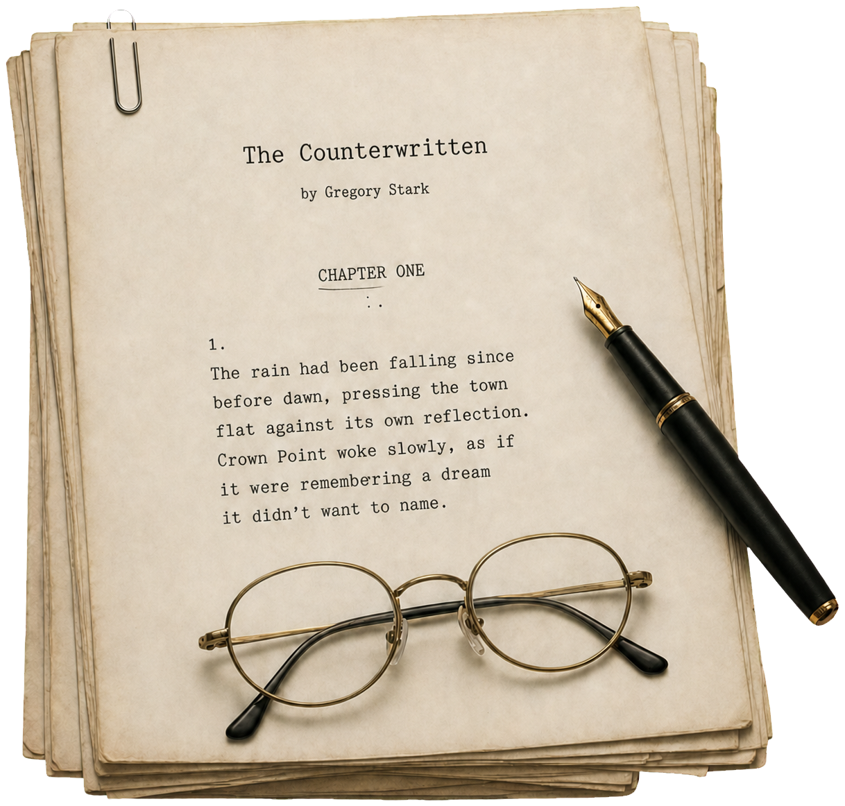 A stack of papers with the top sheet titled "The Counterwritten" by Gregory Stark, open to the first chapter filled with text. A pair of round glasses rests on the papers, and a black fountain pen with gold accents is placed nearby.