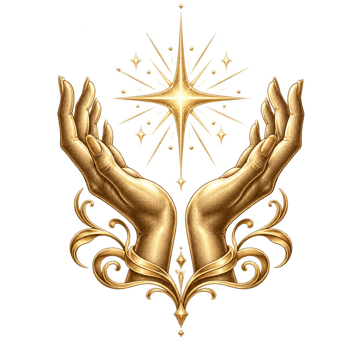 Two realistic gold-painted hands with decorative scrollwork hold a glowing golden starburst with smaller star-like shapes radiating outward.