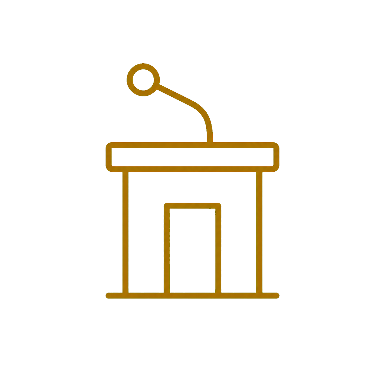 Line drawing of a lectern or podium with a microphone on top, used for public speaking or presentations.