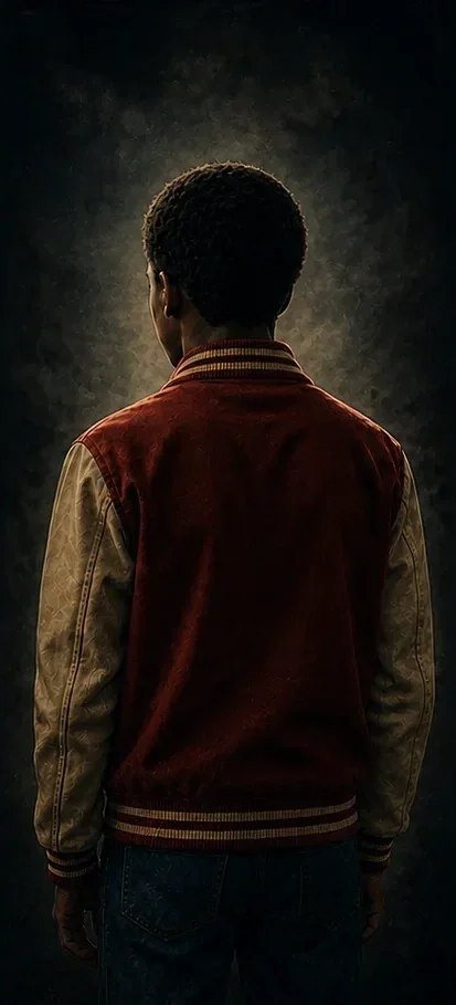 A young person standing with their back to the camera, wearing a brown and beige varsity jacket, with a dark background and a slight halo light behind their head.