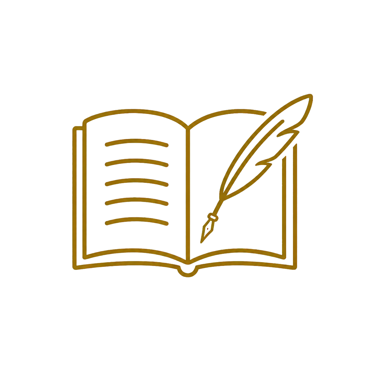 An open book with gold outlines and colored lines on the pages, accompanied by a gold feather quill pen positioned as if ready to write.