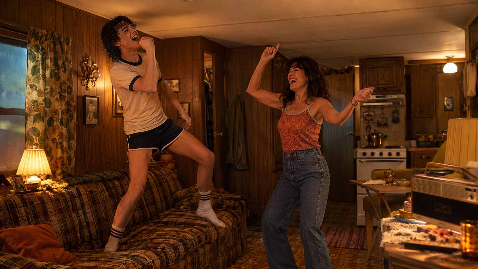 Two women joyfully dancing and laughing in a cozy, wood-paneled living room with vintage decor.