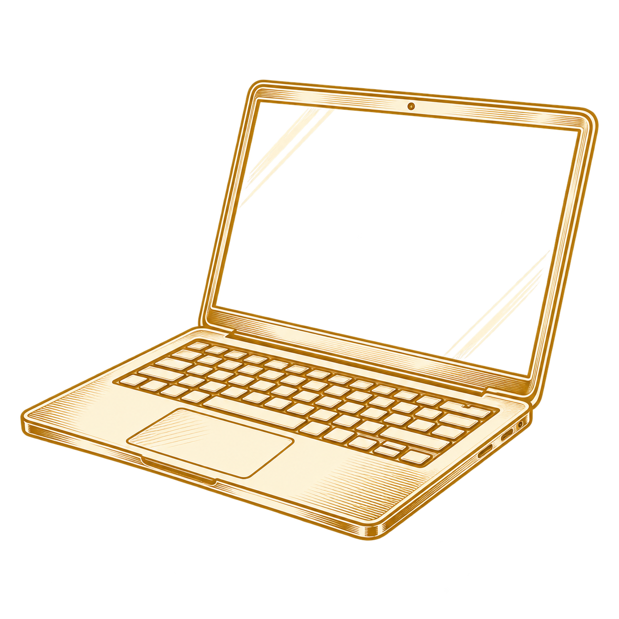Gold-colored laptop with open screen and keyboard, on a transparent background.