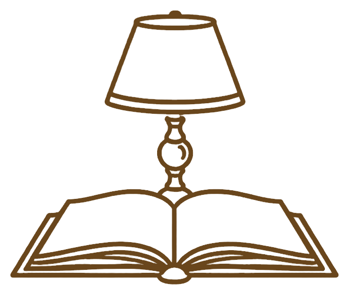 A line drawing of a table lamp placed on an open book.