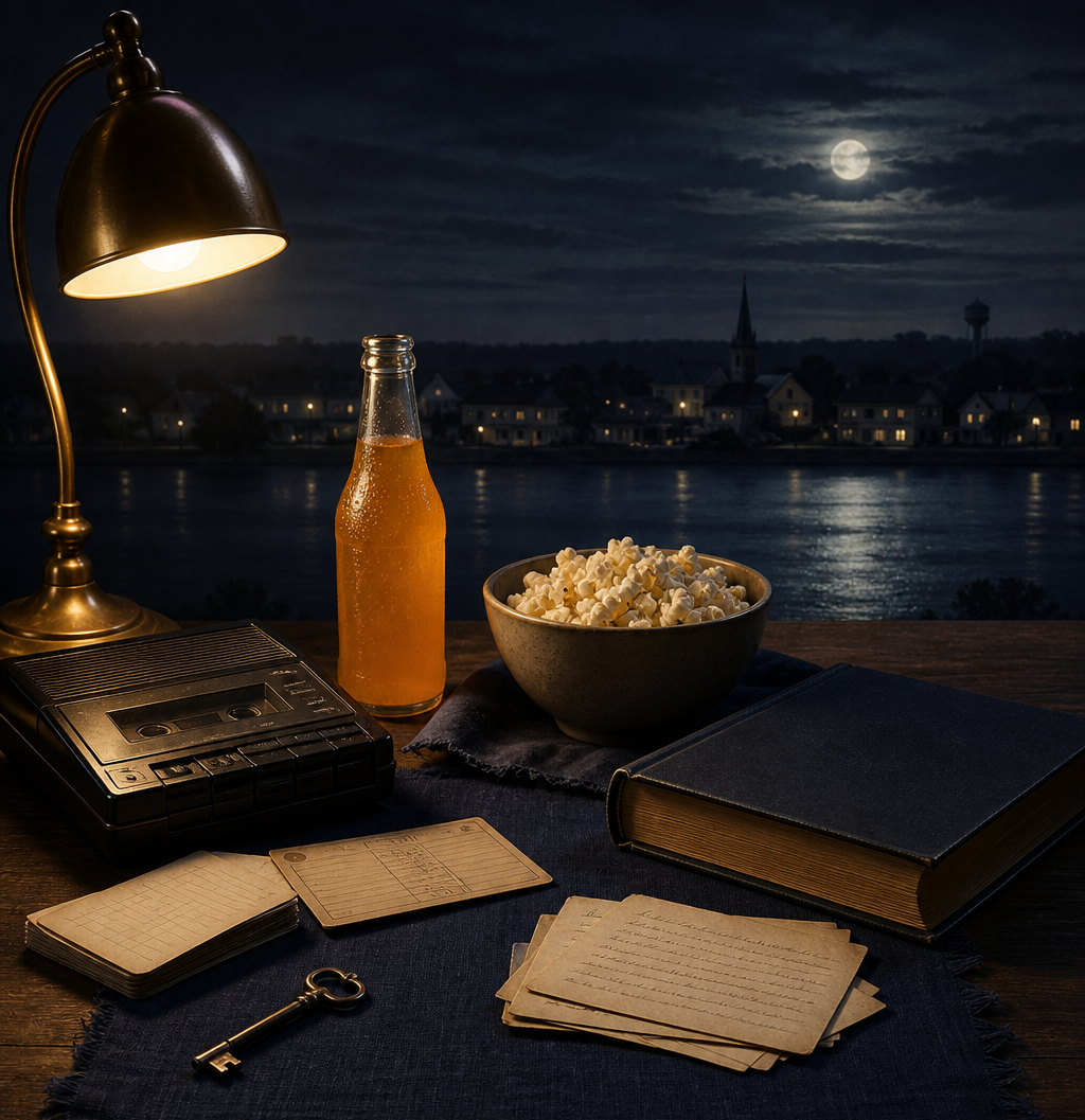A nighttime scene with a desk lamp illuminating a table that has a bowl of popcorn, a bottle of orange soda, an old-fashioned audio cassette player, a vintage key, handwritten notes, a closed book, and a small notebook. In the background, a river reflects moonlight, with houses and a church steeple visible under a cloudy, moonlit sky.