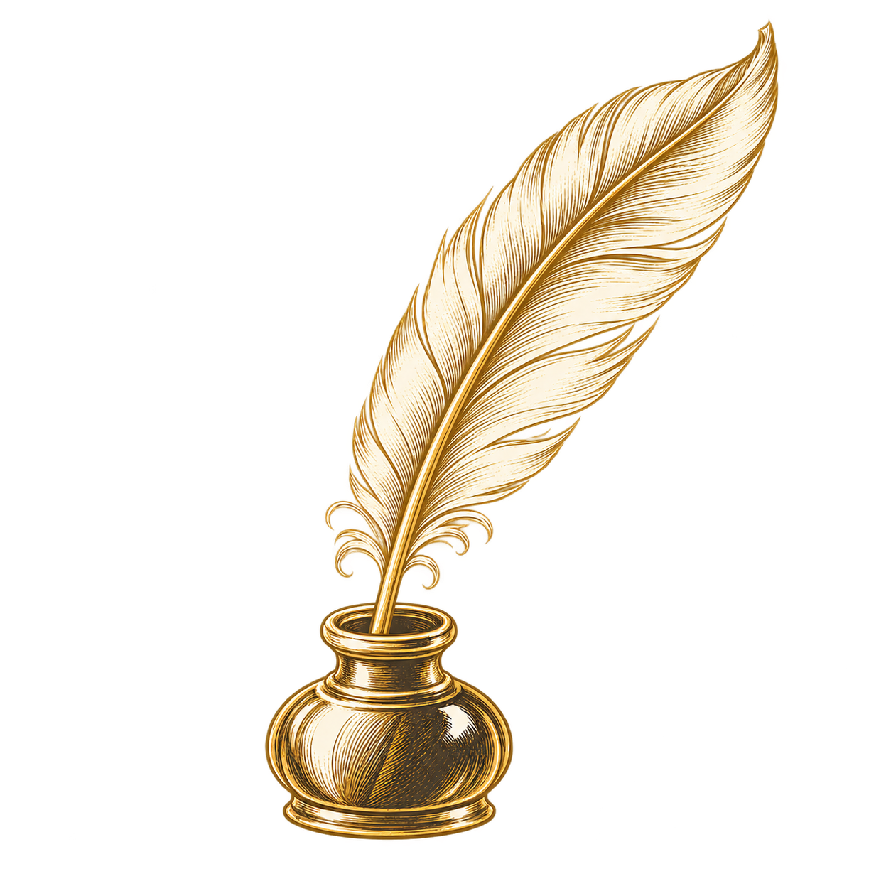 A vintage gold feather quill in an ornate gold inkpot.