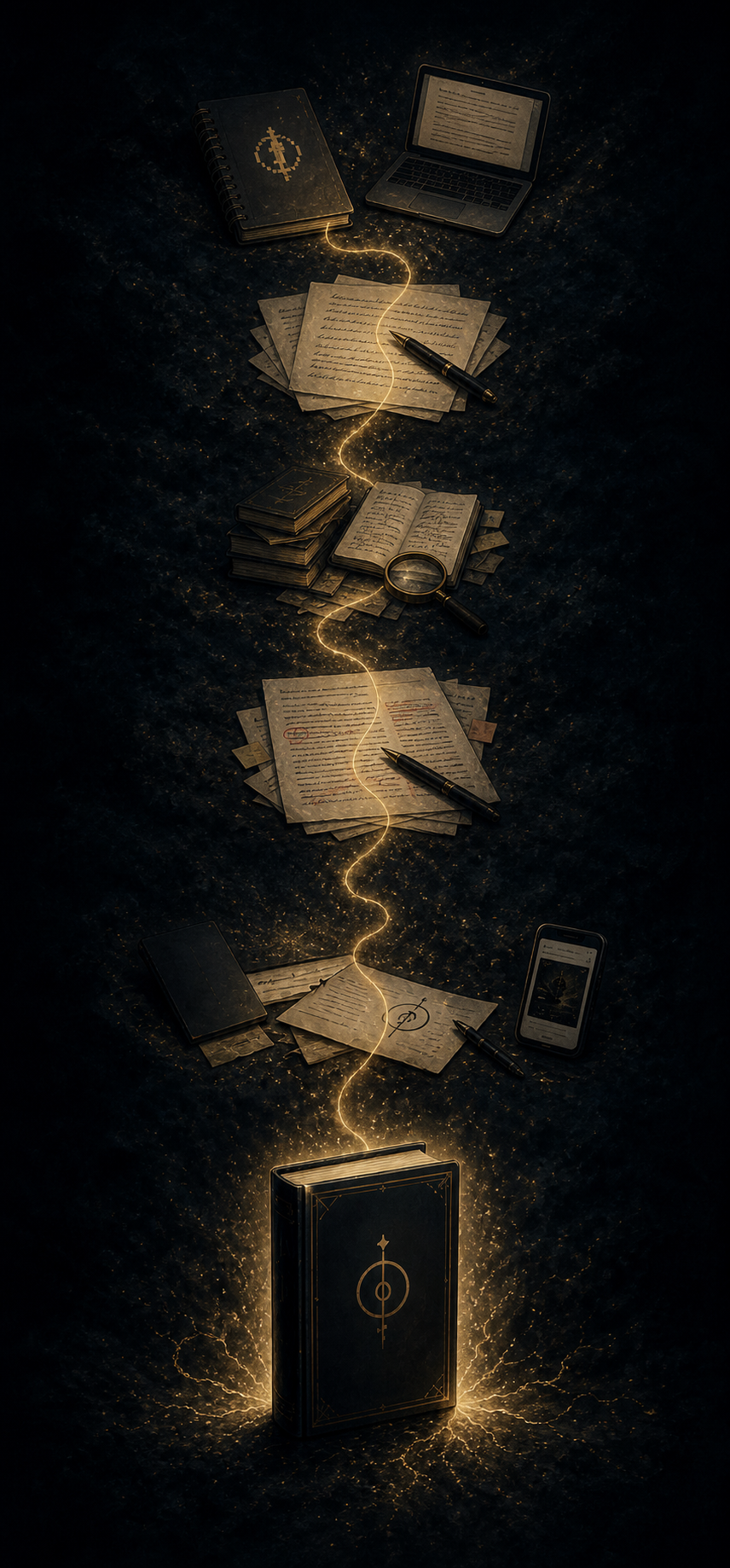 A glowing book at the bottom center is connected through a golden, lightning-like path to various objects above, including handwritten notes, a magnifying glass, a pen, a laptop, a notebook, a smartphone, and multiple sheets of paper, all set against a dark background with golden sparkles.