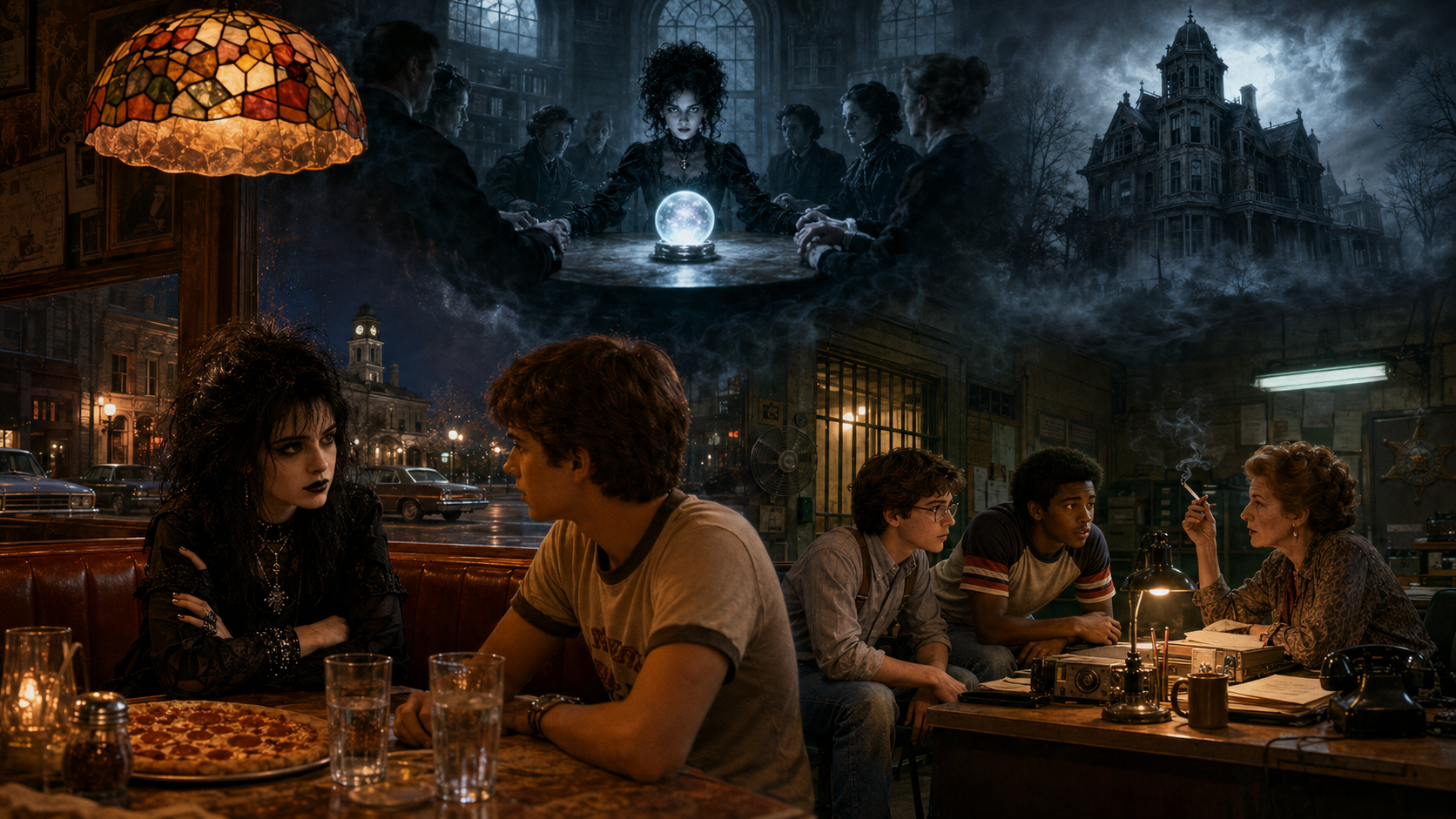 Scene from a diner at night with five people sitting at a table, including a woman with a goth style and a young man with glasses. In the background is an office-like room with a woman smoking, and a wall clock. Overlaid is a supernatural scene with 