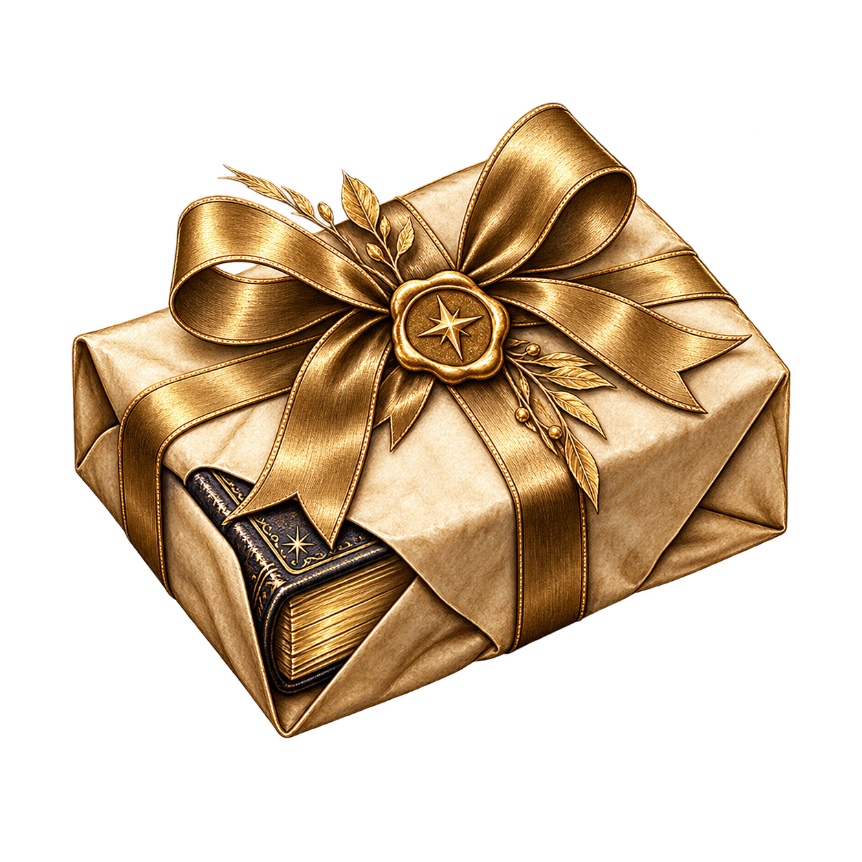 A wrapped gift box with gold wrapping paper, a gold ribbon, and decorative gold leaves and a star-shaped seal on top. There is also a small book with similar star decorations partially visible underneath the wrapping.