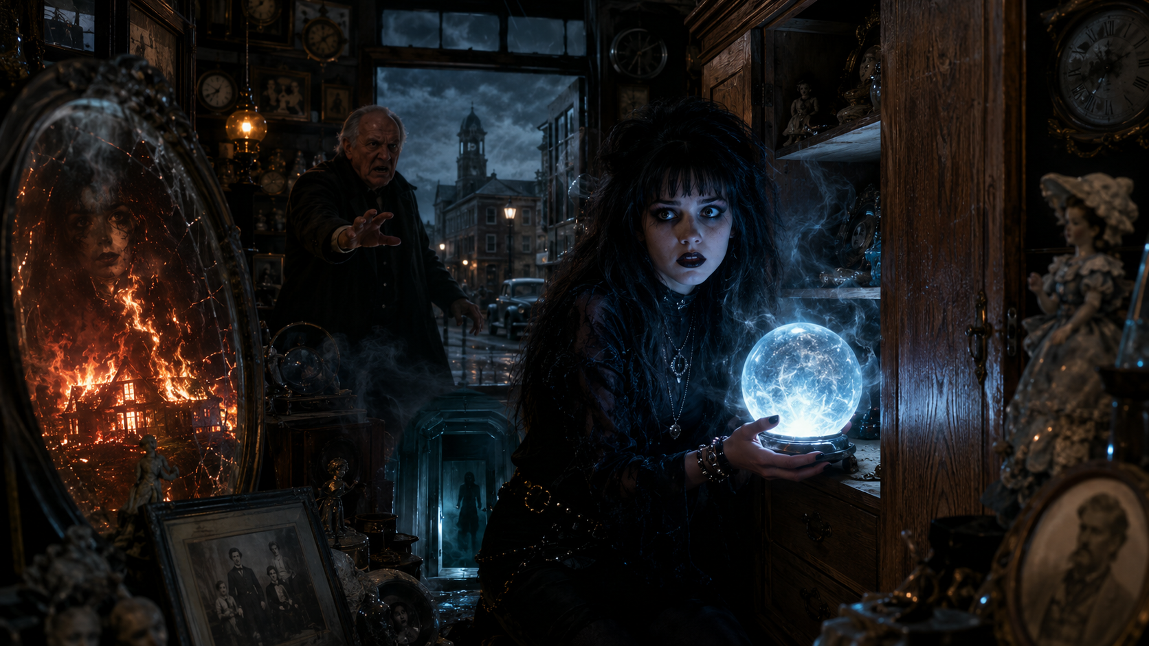 A young woman with dark hair and makeup, dressed in dark clothing, is holding a glowing crystal ball in a cluttered room filled with old photographs, dolls, and antique objects. An elderly man and a shadowy figure are outside on a rainy street under 