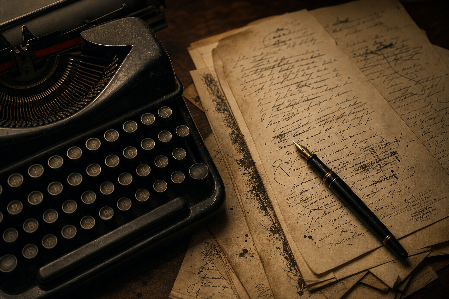 A vintage typewriter and handwritten notes on old, yellowed paper with a fountain pen resting on top.