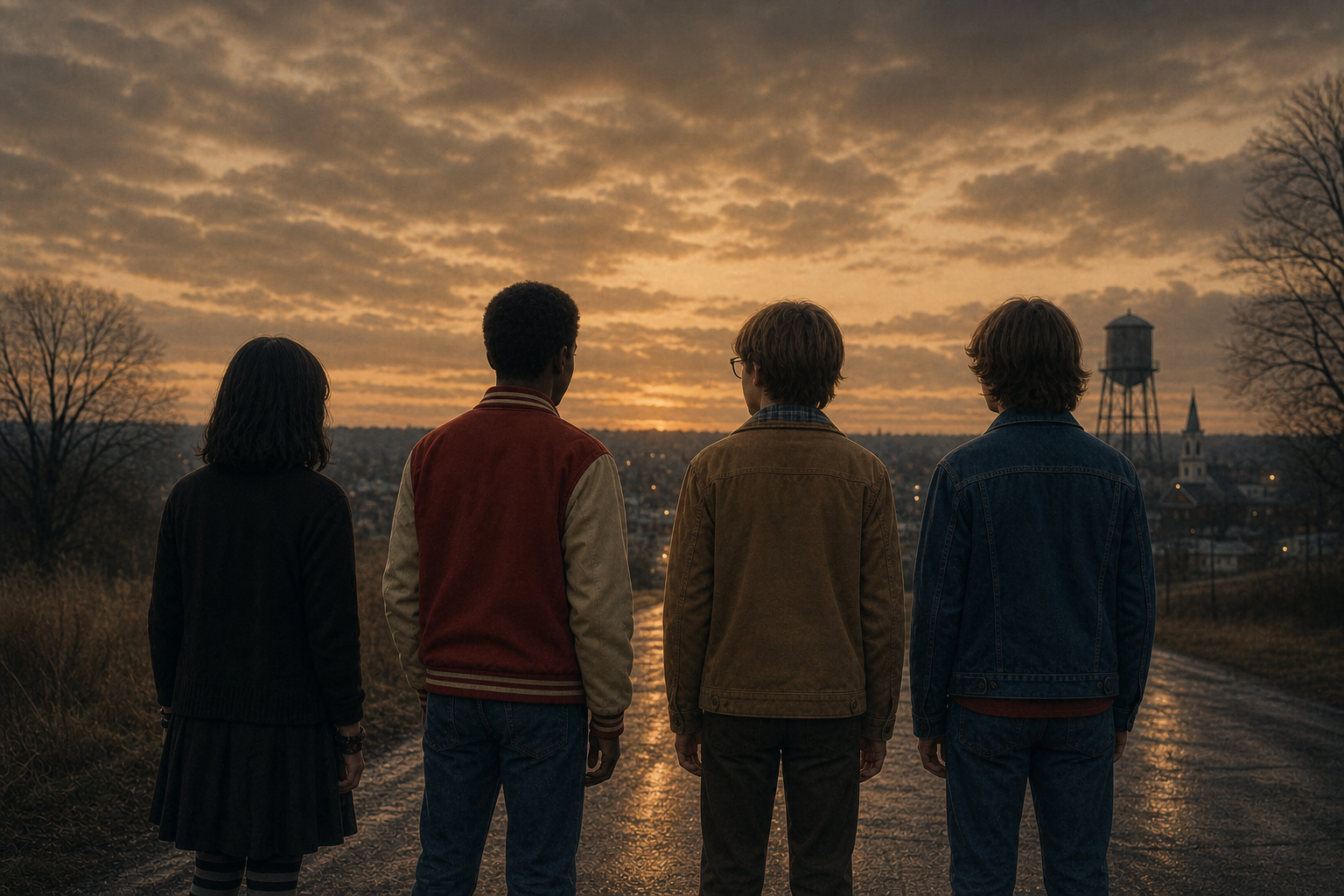 Four teenagers stand side by side on a dirt road at sunset, looking over a town with a water tower and church steeple in the distance, surrounded by trees and cloudy sky.