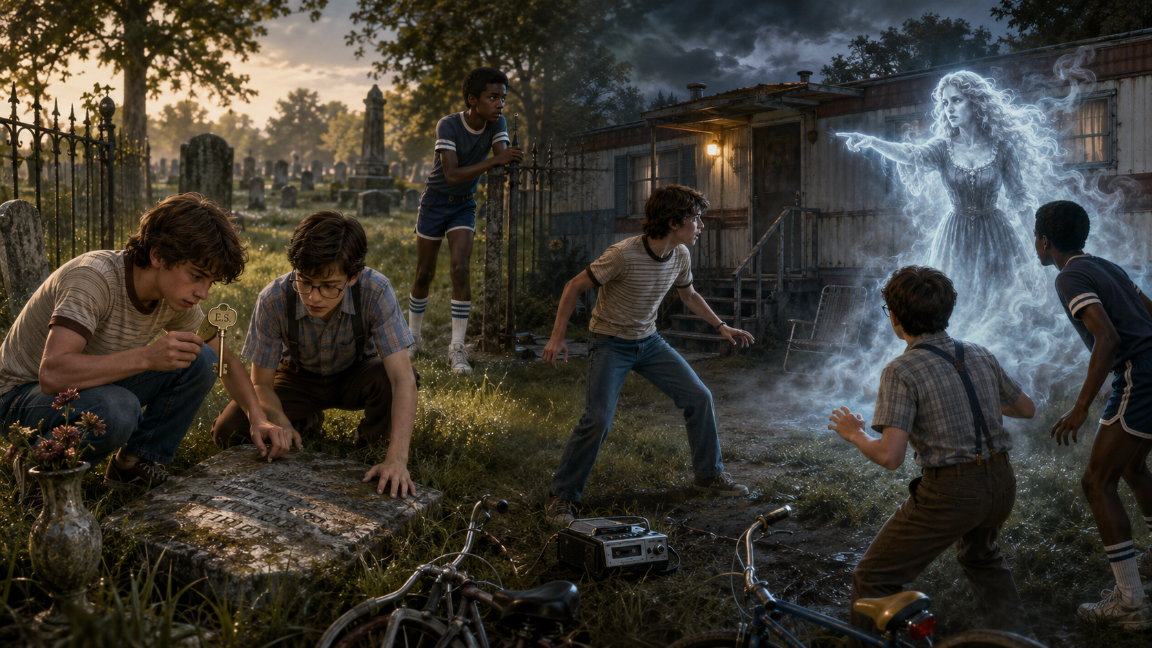 Group of children in a cemetery during sunset, with some examining a tombstone and others engaging in a supernatural scene with a ghostly woman pointing, surrounded by grass and trees.