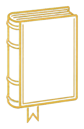 Outline of a gold-colored book with a ribbon bookmark.