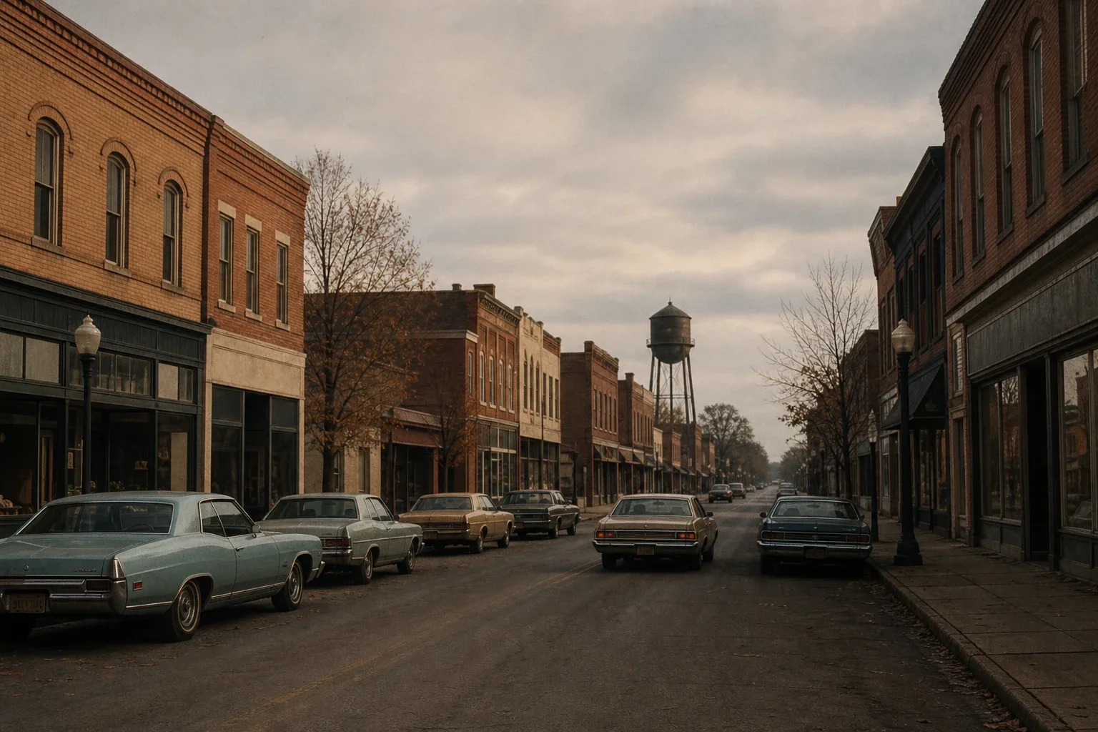 A small town street with brick buildings and vintage cars parked along the curb, a water tower in the background, overcast sky, leafless trees, sidewalks on each side.
