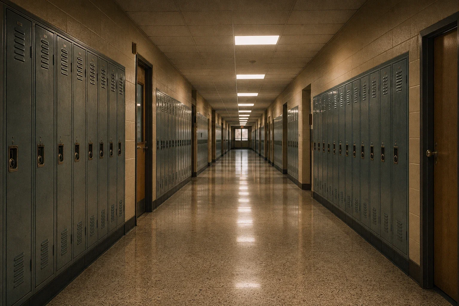 Empty school hallway with green lockers on both sides and fluorescent ceiling lights.