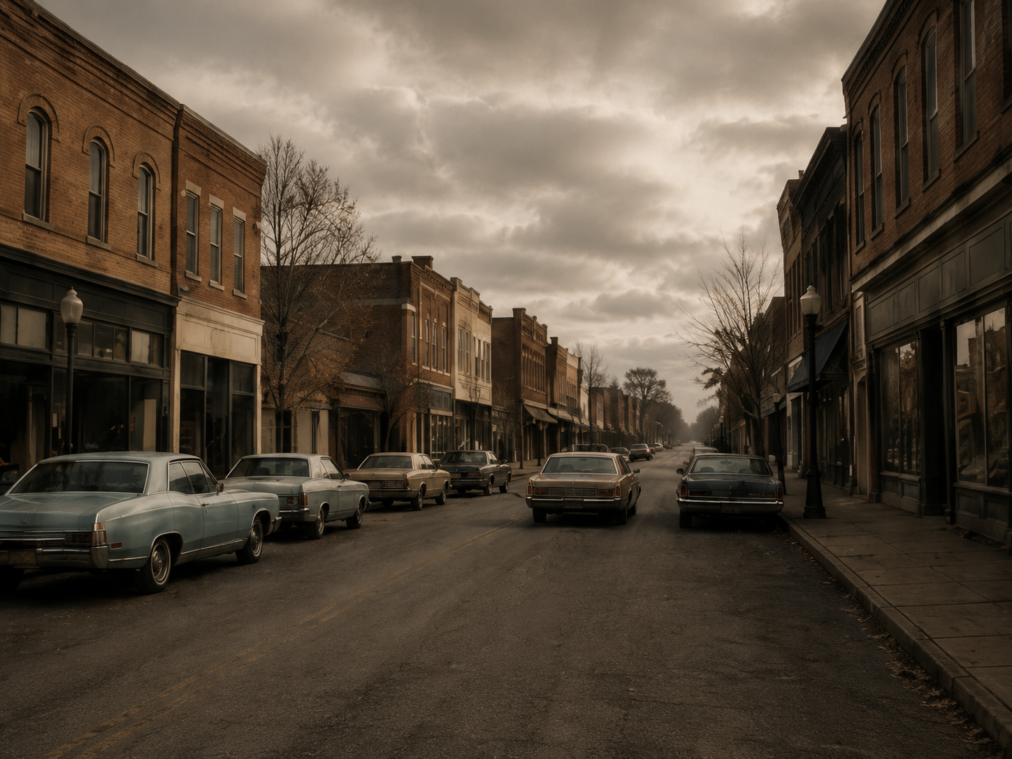 A quiet small-town street scene with vintage cars parked along the curb under a cloudy, overcast sky. Old brick buildings line both sides of the street, and leafless trees are visible in the background.