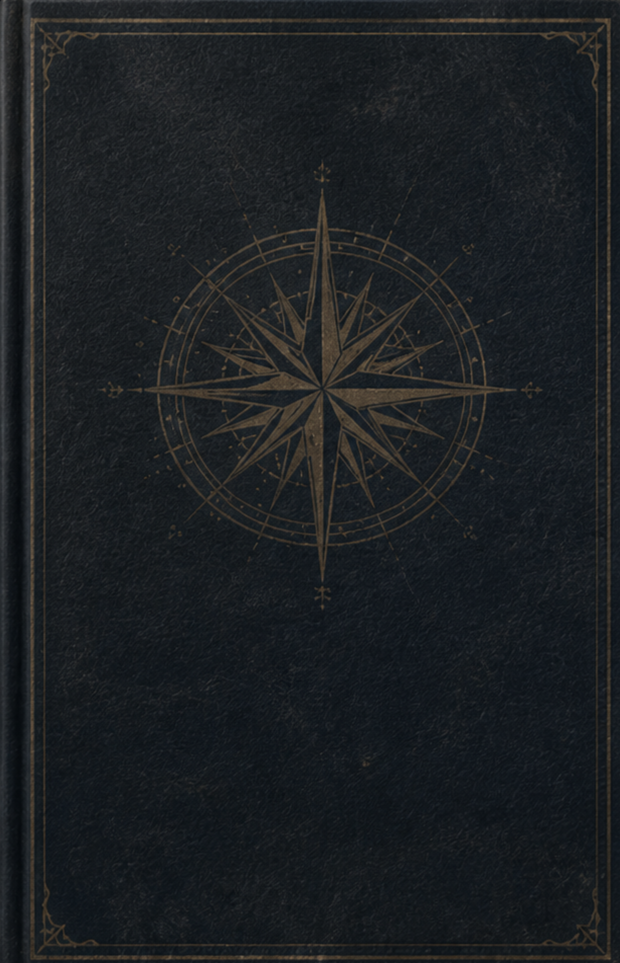 A dark blue or black book cover with a gold embossed compass rose design in the center and decorative borders in each corner.